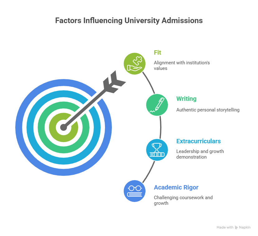 許多人以為只要有完美的成績單就萬無一失。然而，深入了解後你會發現，成績只是敲門磚。招生官真正注重的，遠不止這些。本篇文章將帶你解析他們最看重的四大關鍵因素，每一項都不可忽視！  學業績效：努力挑戰自我 招生官在意的從來不只是分數，還有你選修課程的難度、進步的幅度，以及是否有穩定向上的學習曲線。你是不是一直選擇最有挑戰性的課程？你是否在不斷突破自我？這些都會為你的申請加分。  課外活動：展現領導力與成長 一份精彩的活動紀錄能讓招生官一眼看到你的潛力。除了多元參與，更要有深度和持續度。你曾經在社團、競賽或活動中擔任領袖角色嗎？你是否獲得區域、全國乃至國際的肯定？持續參與且責任越來越重，也是重要的評量指標。  個人寫作：說出你的真實故事 書面申請，包含自傳和推薦信，是你最直接表現自我的機會。你重視什麼？你的思考方式有何獨特？你筆下的聲音是否和學校的氛圍契合？讓招生官看到你的價值觀和個人特質，他們更容易對你留下深刻印象。  「契合度」：最後關鍵決勝負 很多人不知道，其實最終決定你是否被錄取的常常是「契合度」。